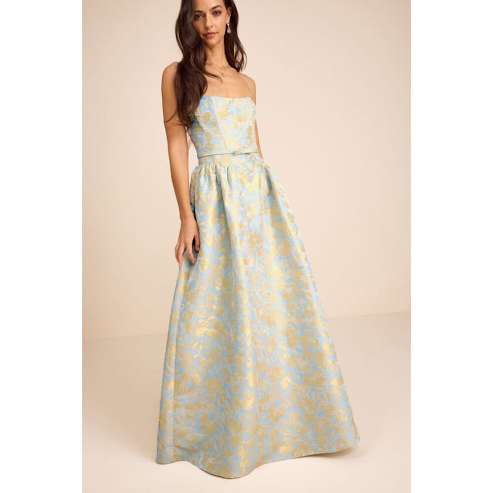 Lulus Bradshaw Light Blue And Yellow Floral Jacquard Maxi Dress - Size S